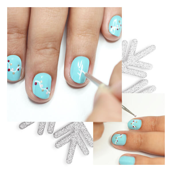 Decoración uñas navideñas divertidas paso tres puntitos de colores